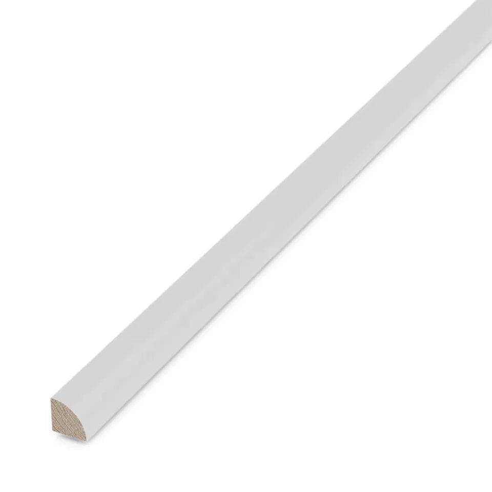 The Go Build 5/8 in. x 5/8 in. x 8 ft. Quarter Round White PVC features a smooth finish, perfect for floor-to-wall transitions, and is displayed at an angle on a plain white background.